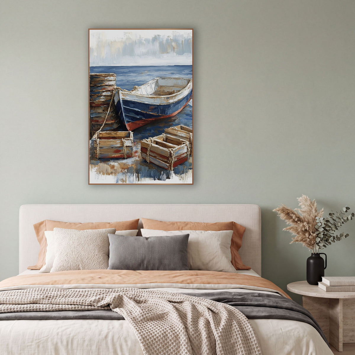 Navy Rowboat and Crates Coastal wall art in a bright coastal-style room – navy and white rowboat with red hull stripe