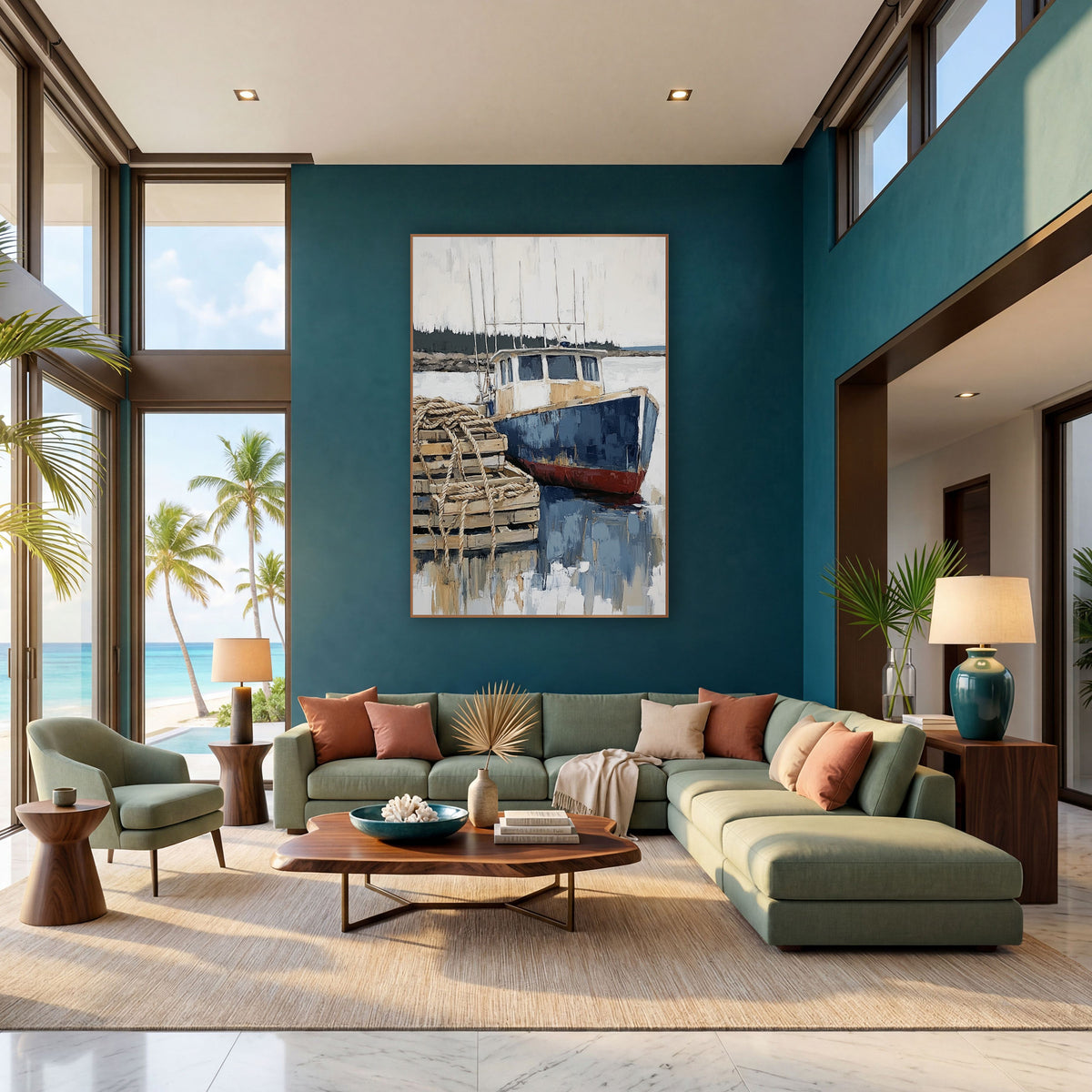 Blue Harbor Boat Coastal Scene wall art in a bright coastal-style room – navy and red fishing boat at a dock