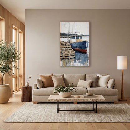 Blue Harbor Boat Coastal Scene wall art in a bright coastal-style room – navy and red fishing boat at a dock