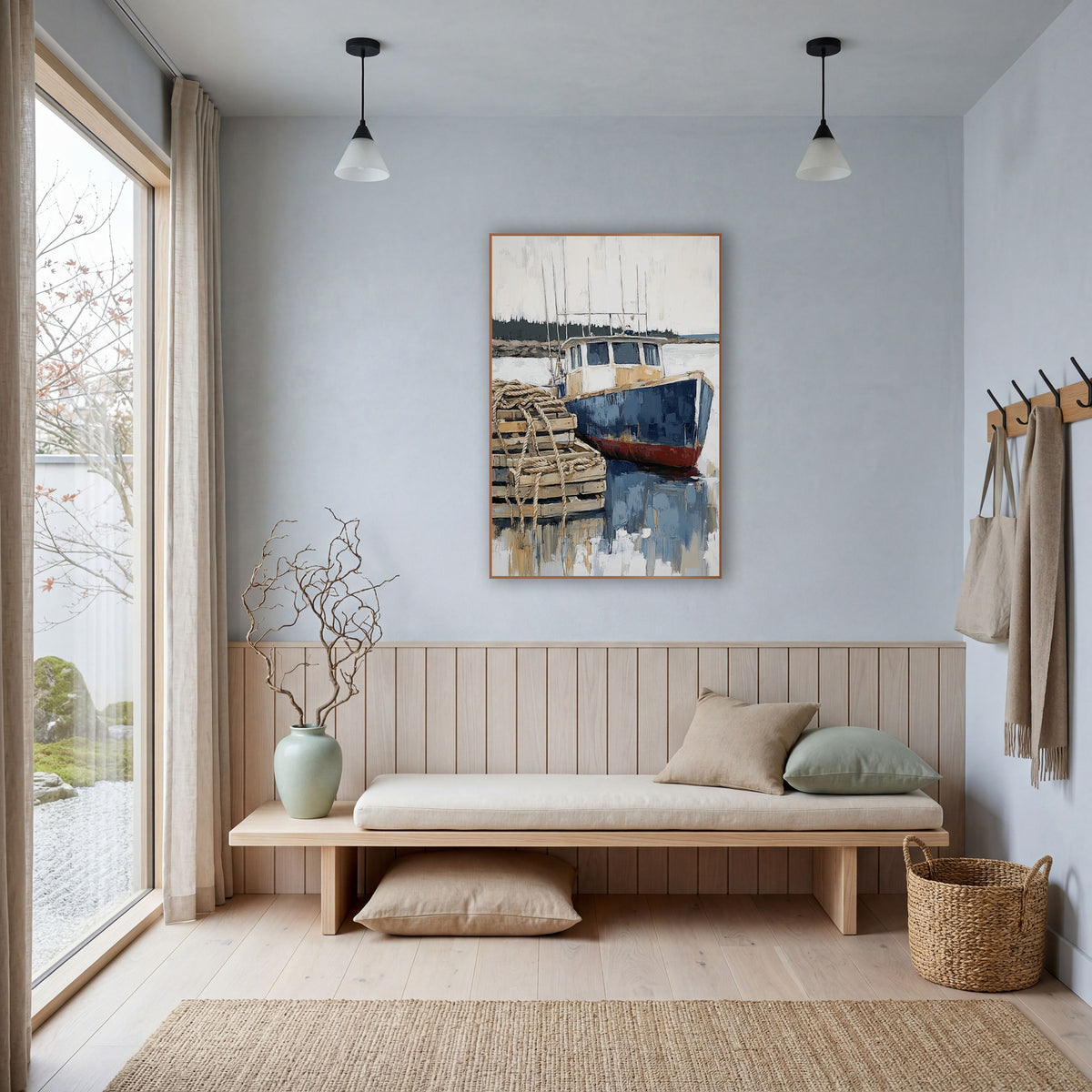 Blue Harbor Boat Coastal Scene wall art in a bright coastal-style room – navy and red fishing boat at a dock
