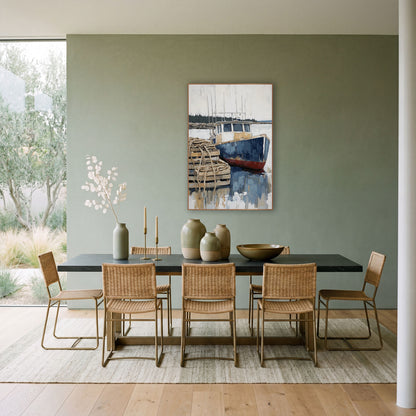 Blue Harbor Boat Coastal Scene wall art in a bright coastal-style room – navy and red fishing boat at a dock