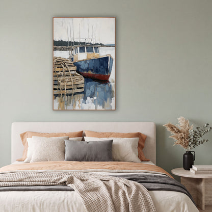 Blue Harbor Boat Coastal Scene wall art in a bright coastal-style room – navy and red fishing boat at a dock