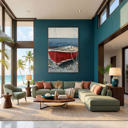 Red Rowboat Pebble Shore Coastal wall art in a bright coastal-style room – weathered red rowboat with a white rim