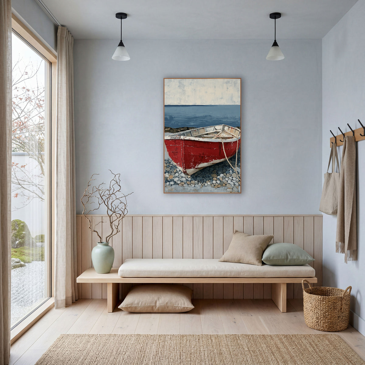Red Rowboat Pebble Shore Coastal wall art in a bright coastal-style room – weathered red rowboat with a white rim