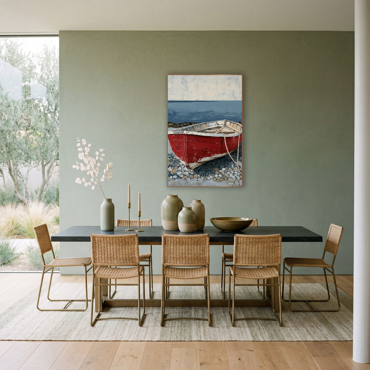 Red Rowboat Pebble Shore Coastal wall art in a bright coastal-style room – weathered red rowboat with a white rim