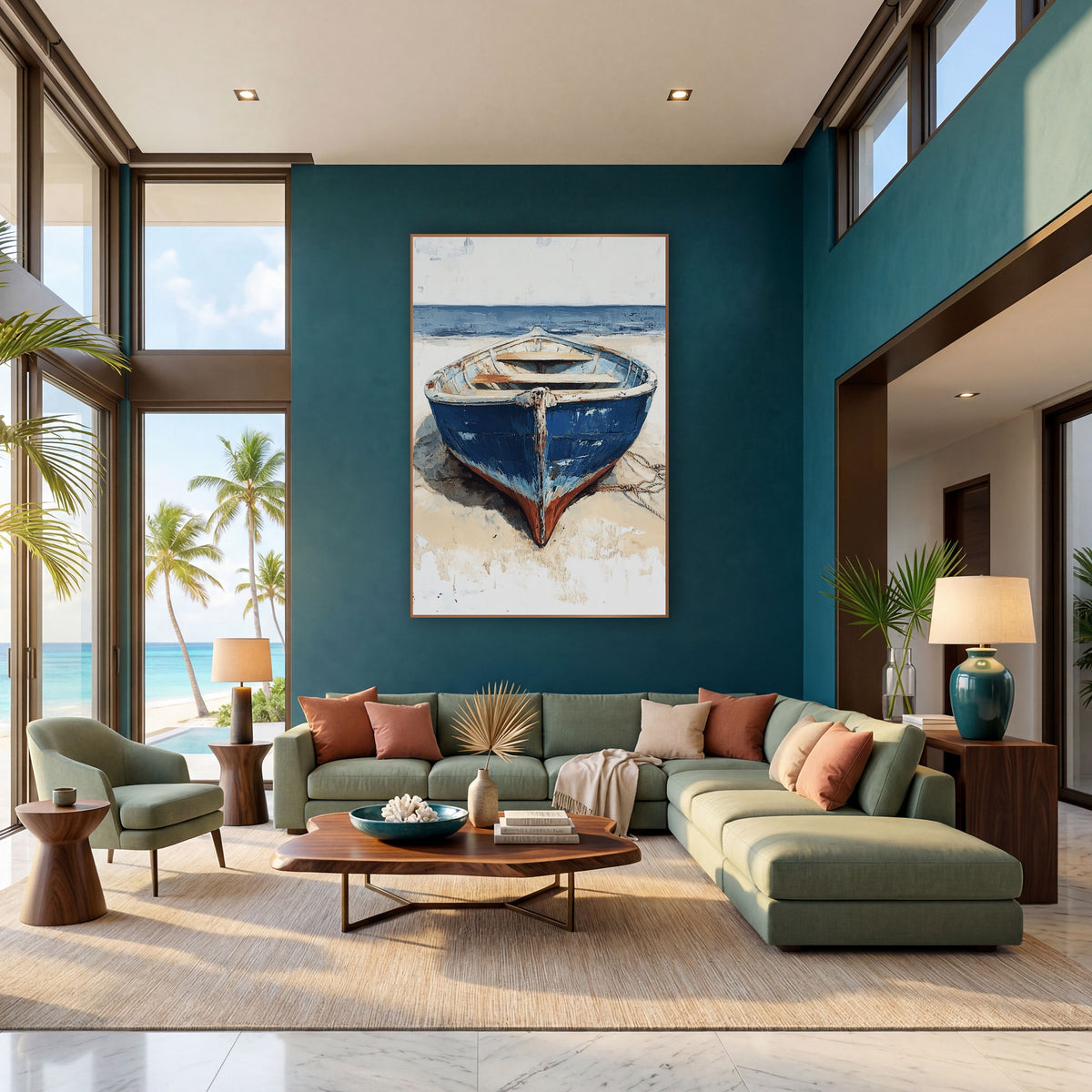 Blue Rowboat on Sand Coastal wall art in a bright coastal-style room – weathered blue rowboat with chipped paint