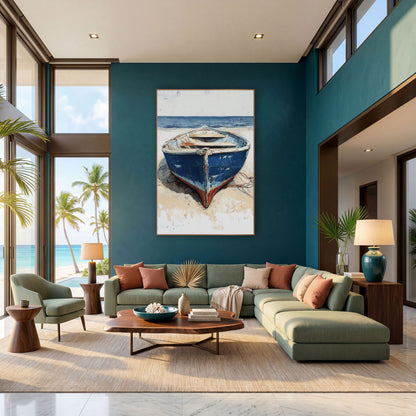 Blue Rowboat on Sand Coastal wall art in a bright coastal-style room – weathered blue rowboat with chipped paint