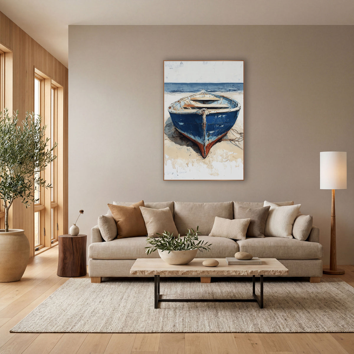 Blue Rowboat on Sand Coastal wall art in a bright coastal-style room – weathered blue rowboat with chipped paint