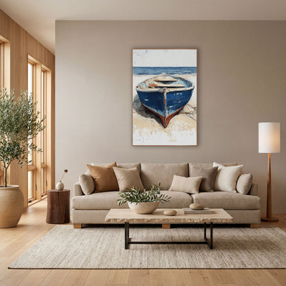 Blue Rowboat on Sand Coastal wall art in a bright coastal-style room – weathered blue rowboat with chipped paint