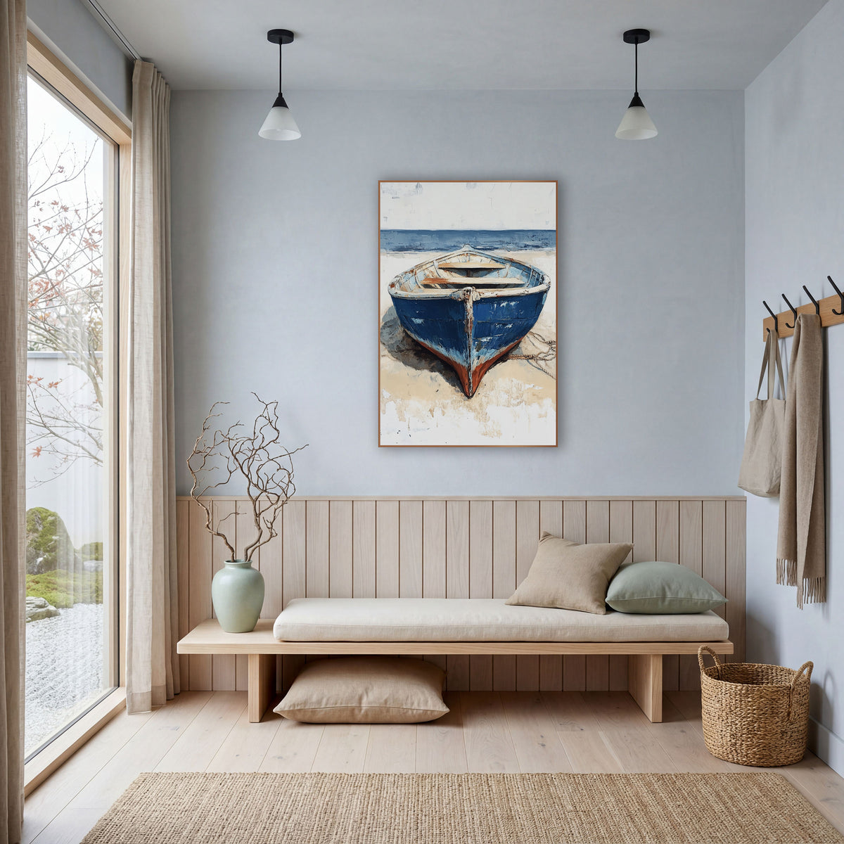 Blue Rowboat on Sand Coastal wall art in a bright coastal-style room – weathered blue rowboat with chipped paint