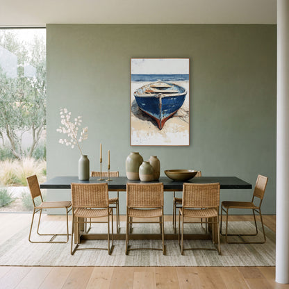 Blue Rowboat on Sand Coastal wall art in a bright coastal-style room – weathered blue rowboat with chipped paint
