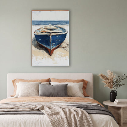 Blue Rowboat on Sand Coastal wall art in a bright coastal-style room – weathered blue rowboat with chipped paint