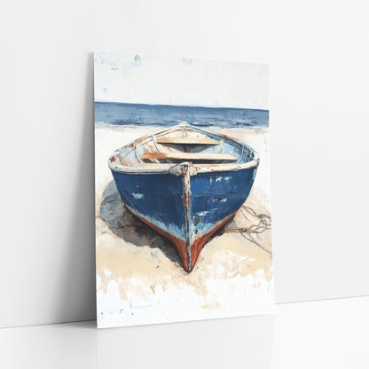 Blue Rowboat on Sand Coastal art print leaning against a white wall – weathered blue rowboat with chipped paint and rust-red