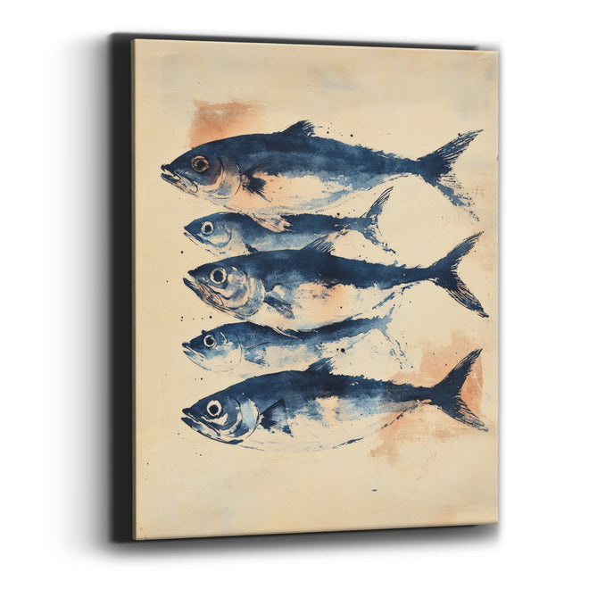 Indigo Fish Study Coastal Ink Canvas Wall Art