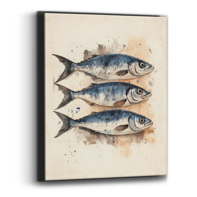 Three Blue Fish Coastal Watercolor Canvas Wall Art