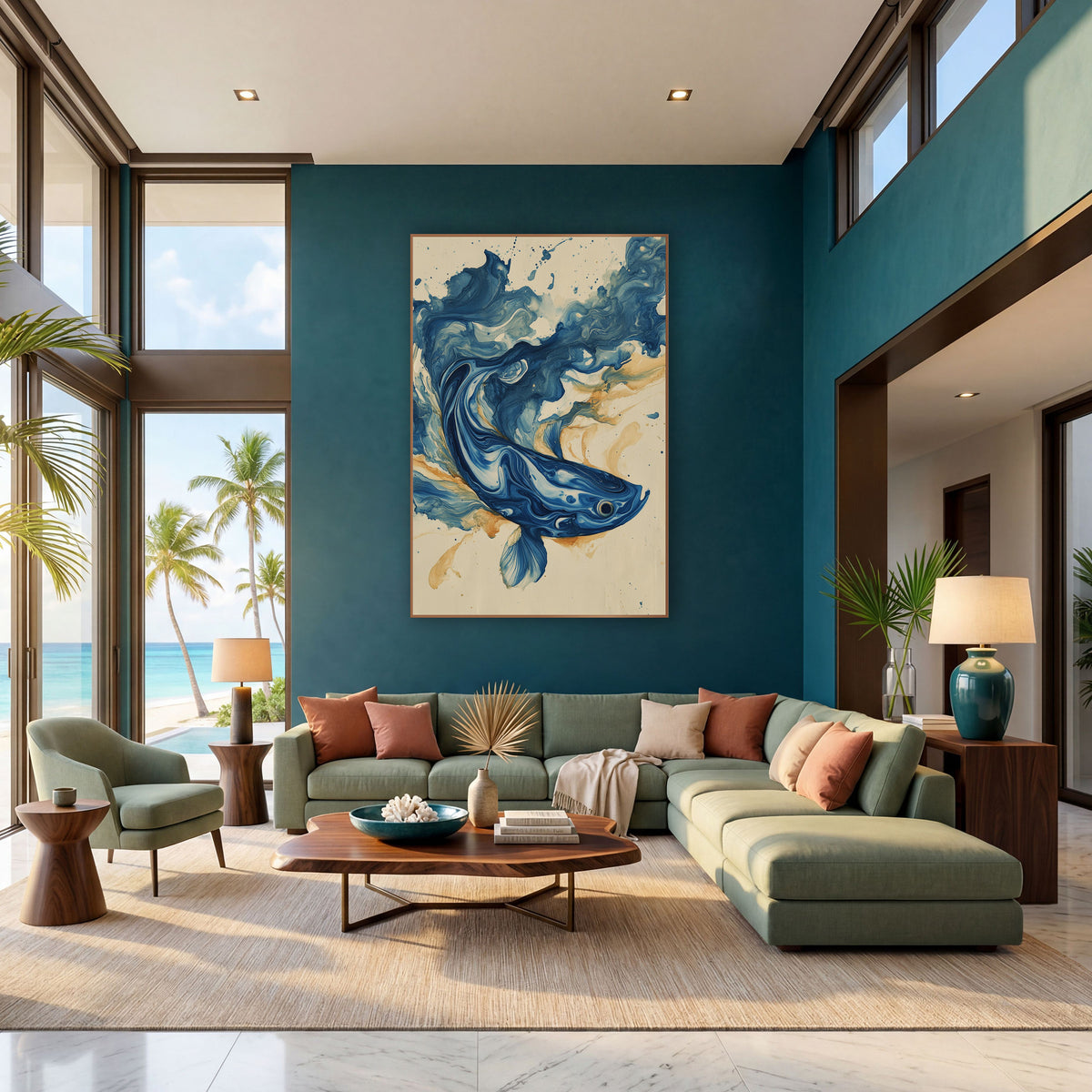 Indigo Swirling Fish Marbled Abstract wall art in a bright coastal-style room – abstract blue fish made of marbled