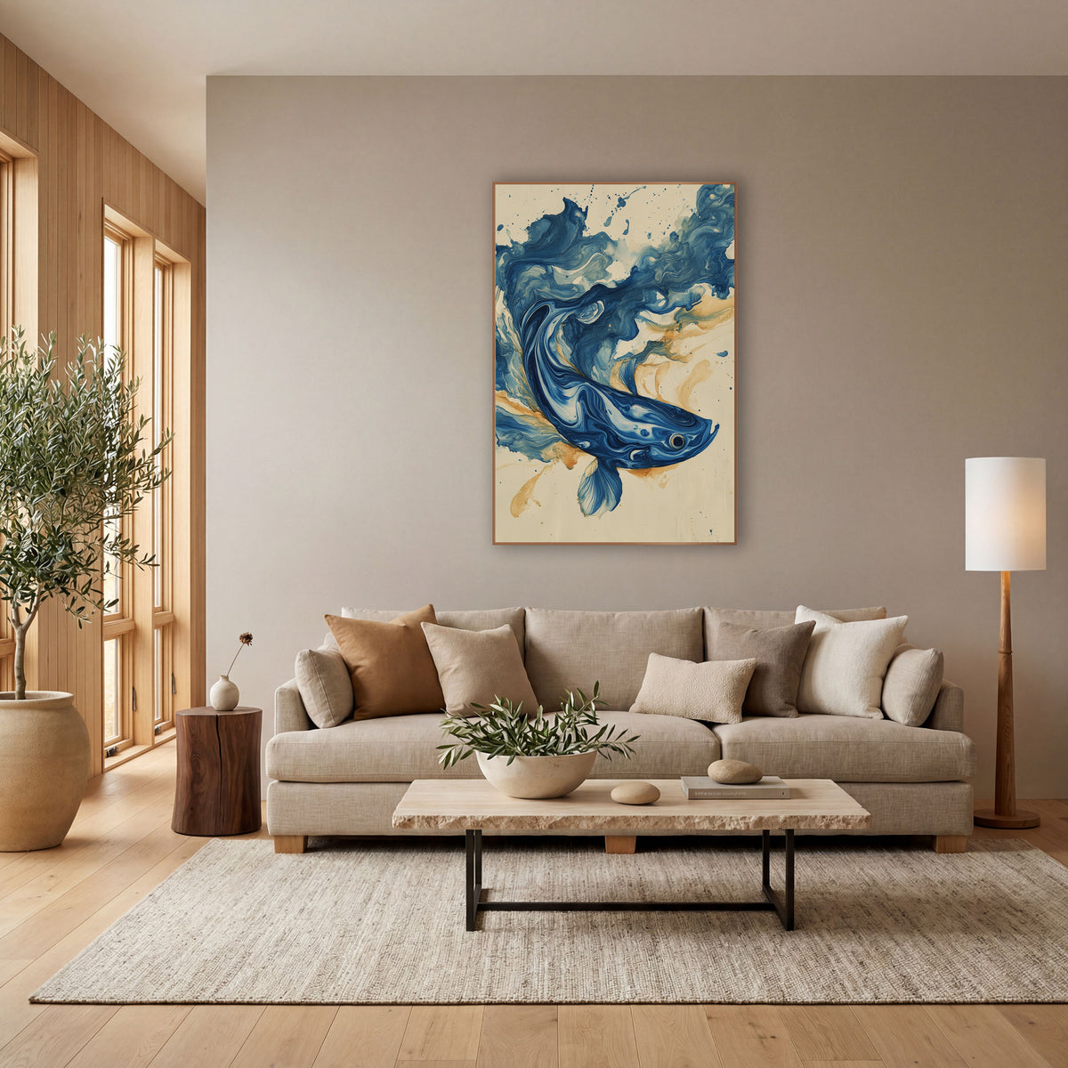 Indigo Swirling Fish Marbled Abstract wall art in a bright coastal-style room – abstract blue fish made of marbled