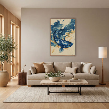 Indigo Swirling Fish Marbled Abstract wall art in a bright coastal-style room – abstract blue fish made of marbled