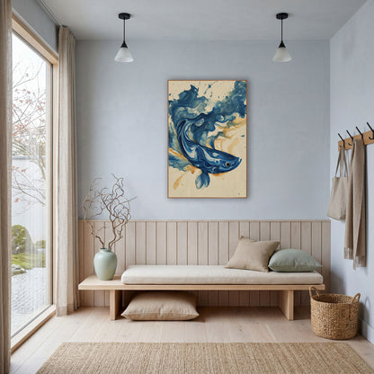 Indigo Swirling Fish Marbled Abstract wall art in a bright coastal-style room – abstract blue fish made of marbled