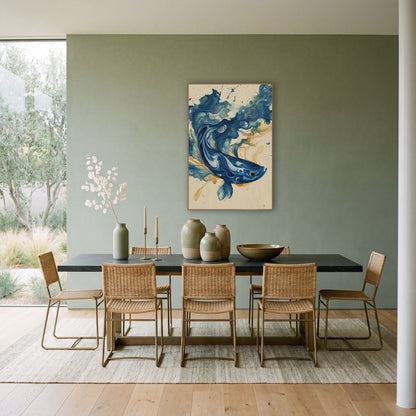 Indigo Swirling Fish Marbled Abstract wall art in a bright coastal-style room – abstract blue fish made of marbled