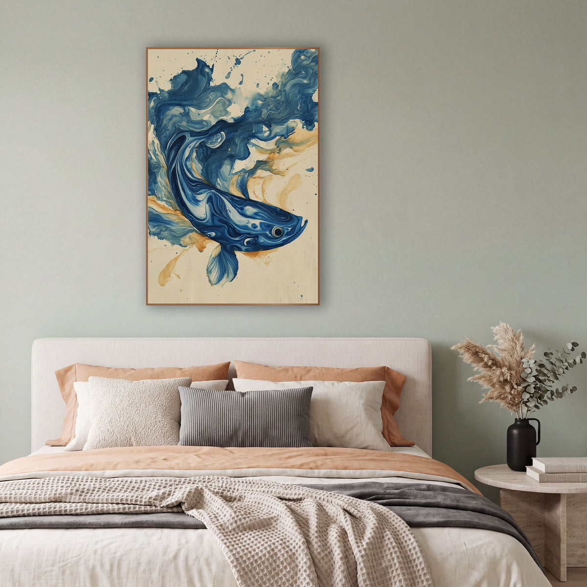 Indigo Swirling Fish Marbled Abstract wall art in a bright coastal-style room – abstract blue fish made of marbled