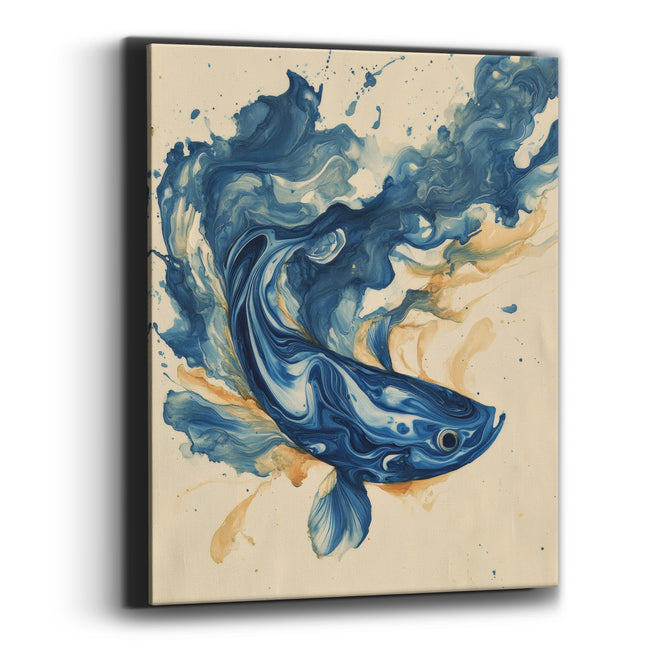 Indigo Swirling Fish Marbled Abstract Canvas Wall Art