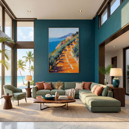 Orange Terrace Coastal Hillside Impressionist wall art in a bright coastal-style room – impressionist coastal hillside