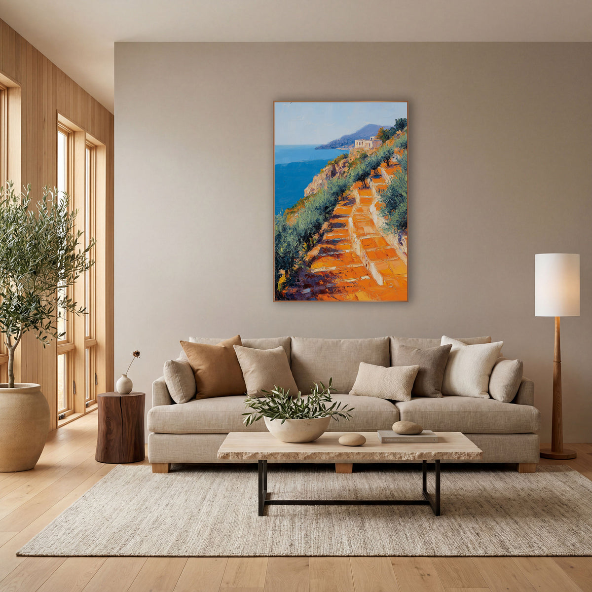 Orange Terrace Coastal Hillside Impressionist wall art in a bright coastal-style room – impressionist coastal hillside