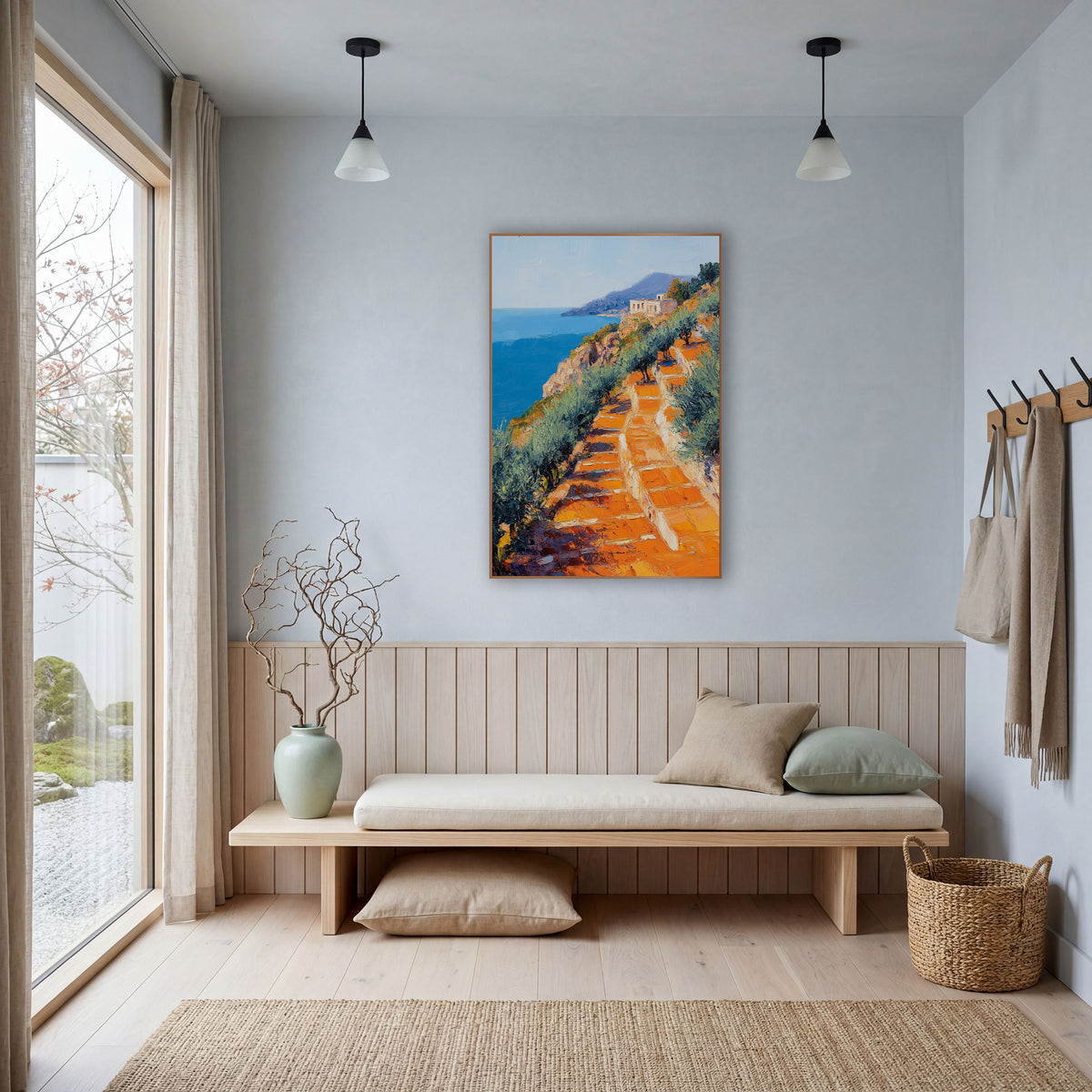 Orange Terrace Coastal Hillside Impressionist wall art in a bright coastal-style room – impressionist coastal hillside