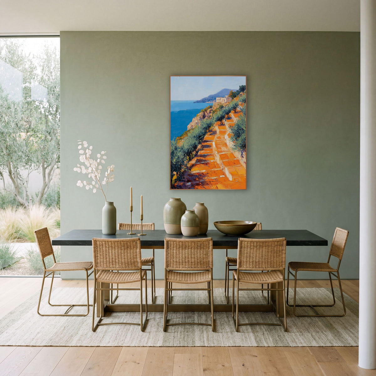 Orange Terrace Coastal Hillside Impressionist wall art in a bright coastal-style room – impressionist coastal hillside