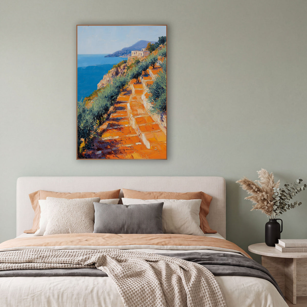 Orange Terrace Coastal Hillside Impressionist wall art in a bright coastal-style room – impressionist coastal hillside