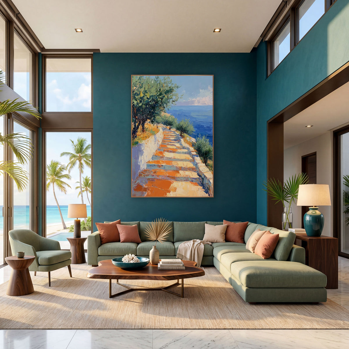 Seaside Stone Steps Coastal Landscape wall art in a bright coastal-style room – sunlit stone steps beside a white wall