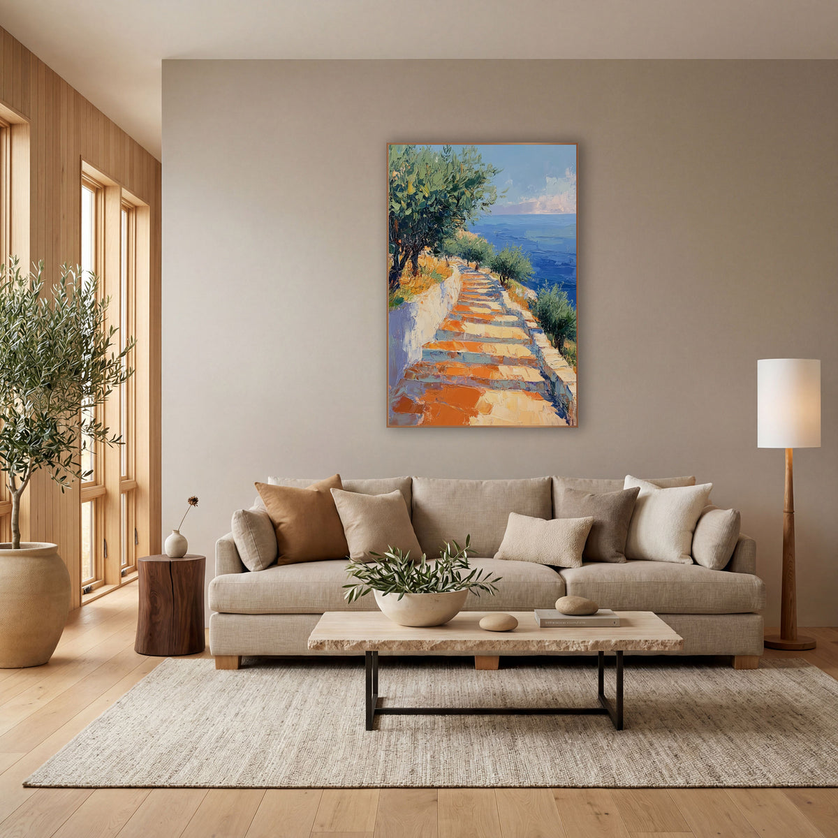 Seaside Stone Steps Coastal Landscape wall art in a bright coastal-style room – sunlit stone steps beside a white wall