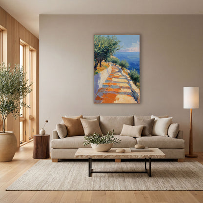 Seaside Stone Steps Coastal Landscape wall art in a bright coastal-style room – sunlit stone steps beside a white wall