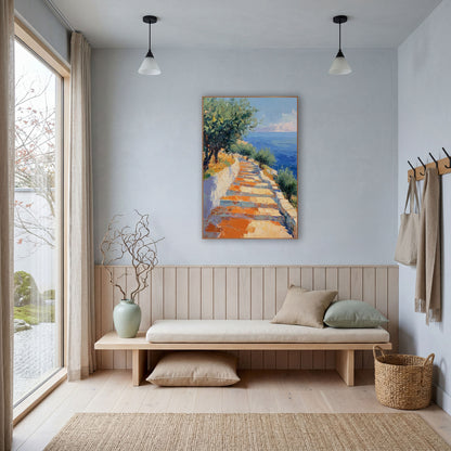 Seaside Stone Steps Coastal Landscape wall art in a bright coastal-style room – sunlit stone steps beside a white wall