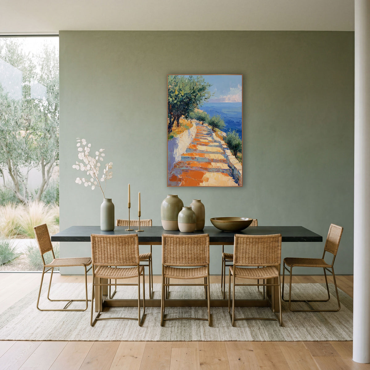 Seaside Stone Steps Coastal Landscape wall art in a bright coastal-style room – sunlit stone steps beside a white wall