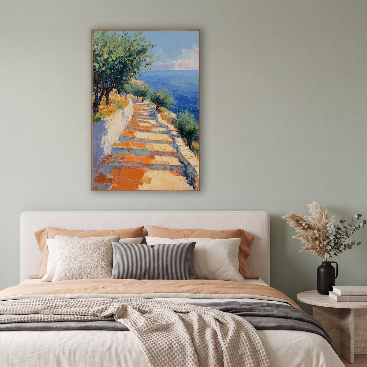Seaside Stone Steps Coastal Landscape wall art in a bright coastal-style room – sunlit stone steps beside a white wall