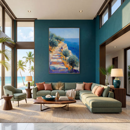 Seaside Stone Steps Olive Grove Impressionist wall art in a bright coastal-style room – impressionist seaside scene