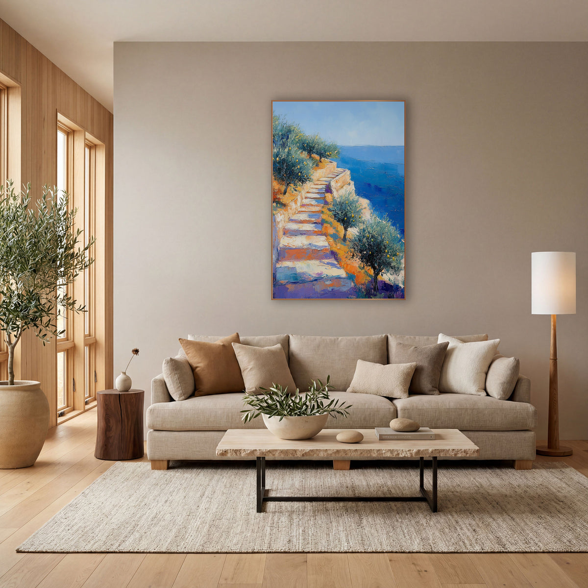 Seaside Stone Steps Olive Grove Impressionist wall art in a bright coastal-style room – impressionist seaside scene