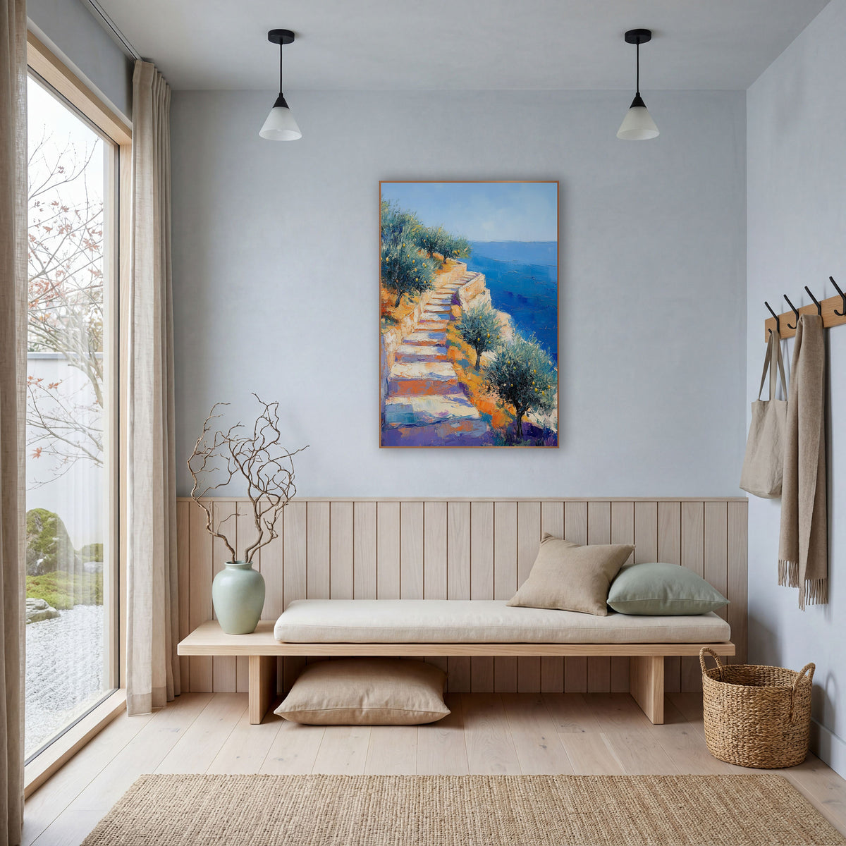 Seaside Stone Steps Olive Grove Impressionist wall art in a bright coastal-style room – impressionist seaside scene