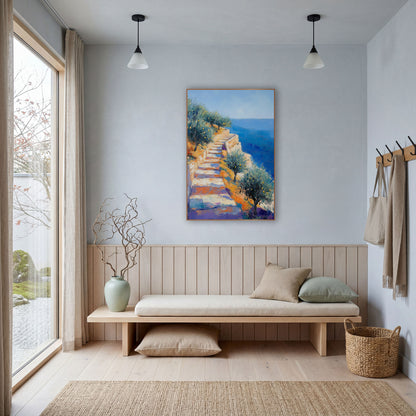 Seaside Stone Steps Olive Grove Impressionist wall art in a bright coastal-style room – impressionist seaside scene