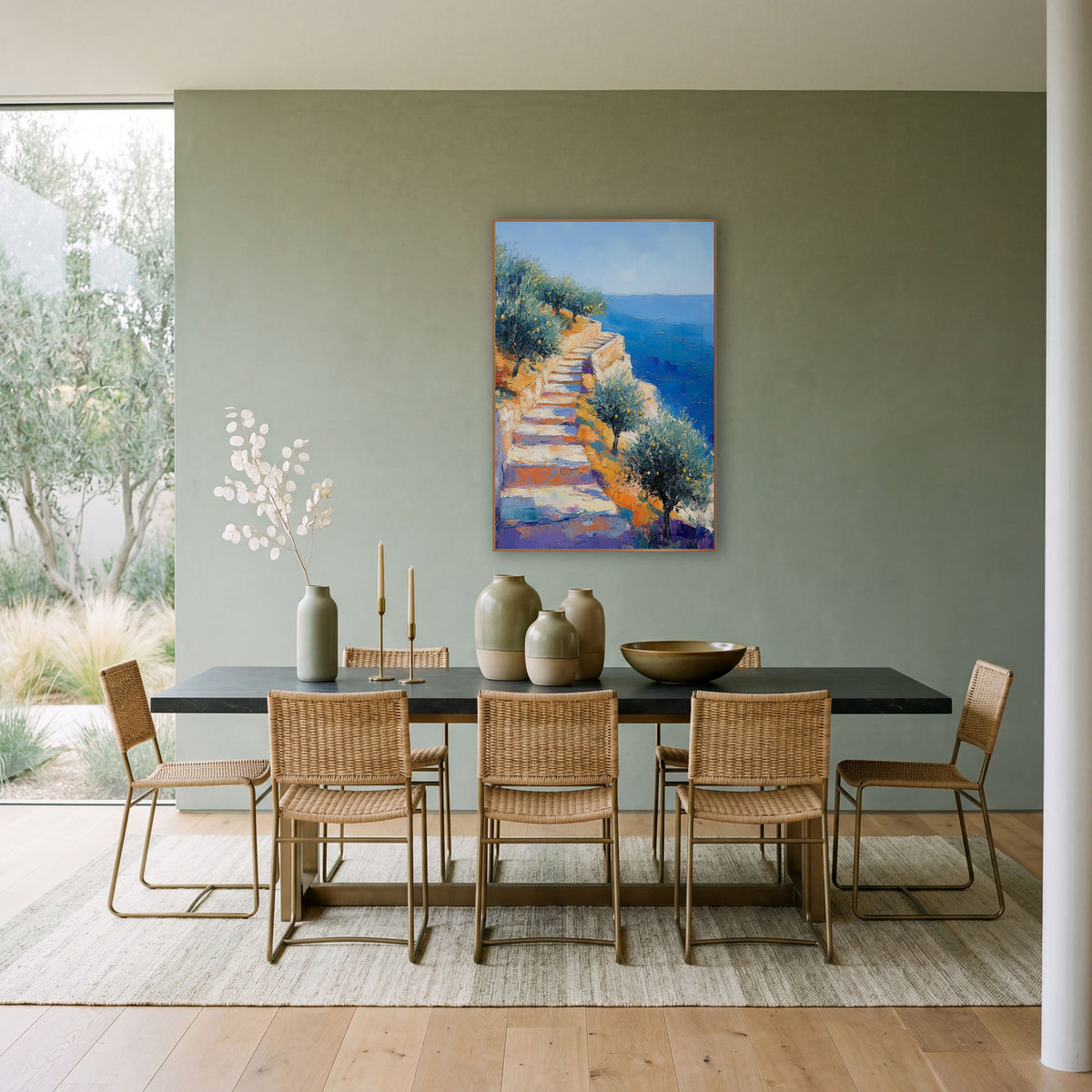 Seaside Stone Steps Olive Grove Impressionist wall art in a bright coastal-style room – impressionist seaside scene
