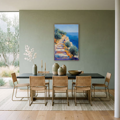 Seaside Stone Steps Olive Grove Impressionist wall art in a bright coastal-style room – impressionist seaside scene