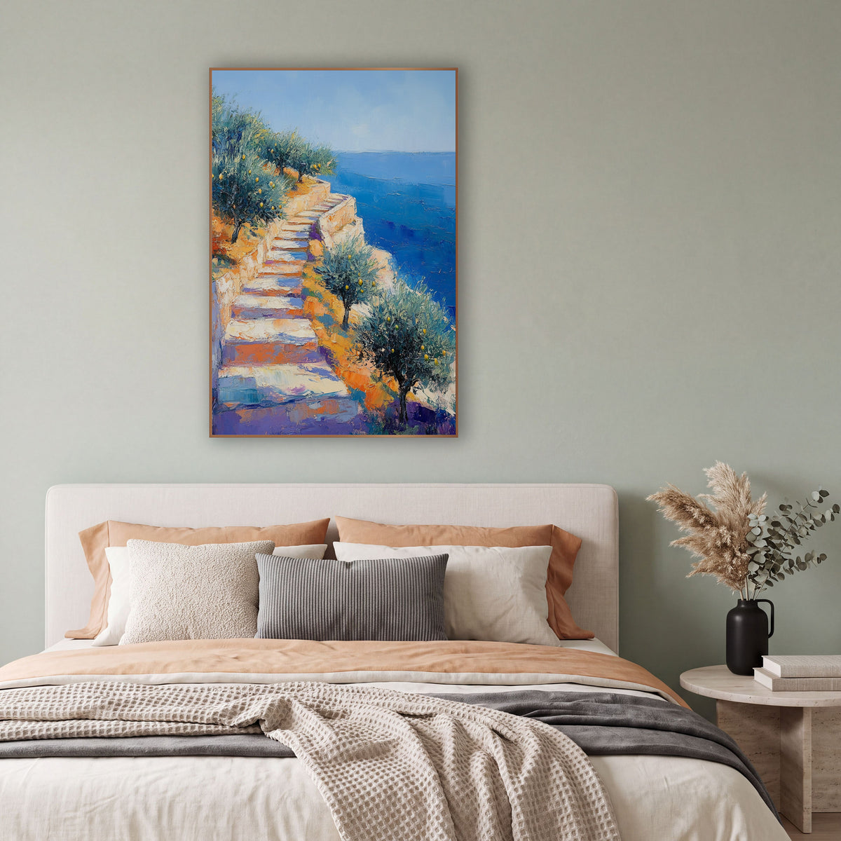 Seaside Stone Steps Olive Grove Impressionist wall art in a bright coastal-style room – impressionist seaside scene