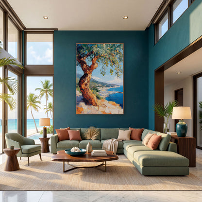 Twisted Olive Harbor Coastal View wall art in a bright coastal-style room – twisted olive tree with green olives
