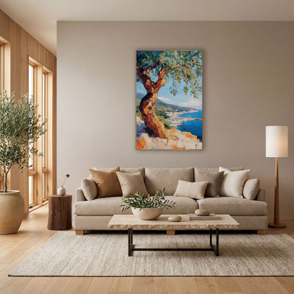 Twisted Olive Harbor Coastal View wall art in a bright coastal-style room – twisted olive tree with green olives