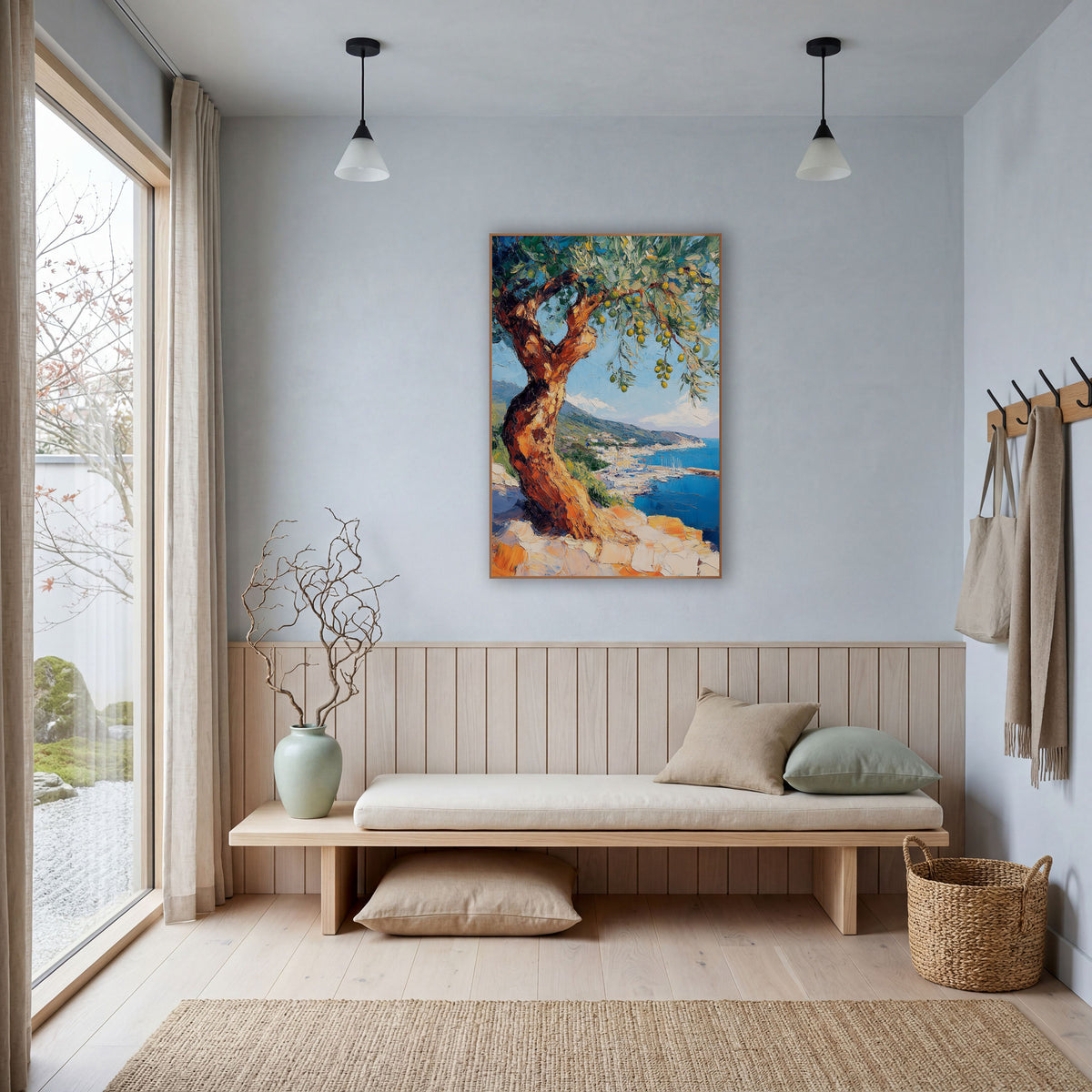 Twisted Olive Harbor Coastal View wall art in a bright coastal-style room – twisted olive tree with green olives