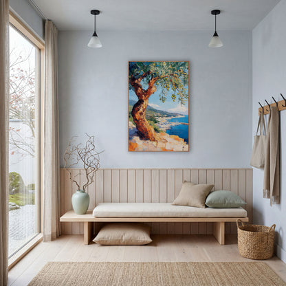 Twisted Olive Harbor Coastal View wall art in a bright coastal-style room – twisted olive tree with green olives