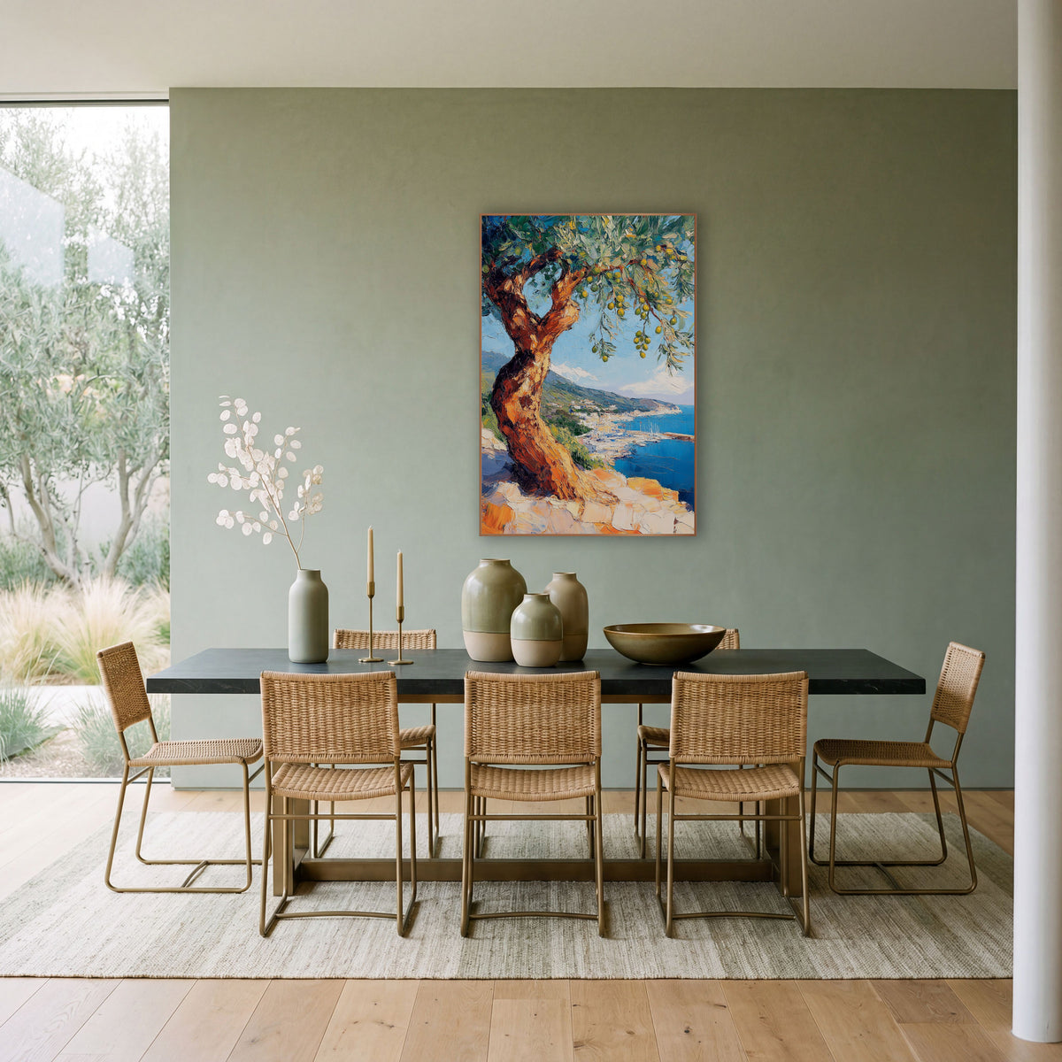 Twisted Olive Harbor Coastal View wall art in a bright coastal-style room – twisted olive tree with green olives