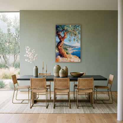 Twisted Olive Harbor Coastal View wall art in a bright coastal-style room – twisted olive tree with green olives